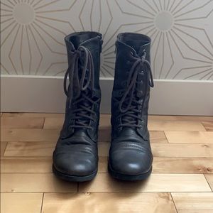 Mid calf grey lace up boots with zipper